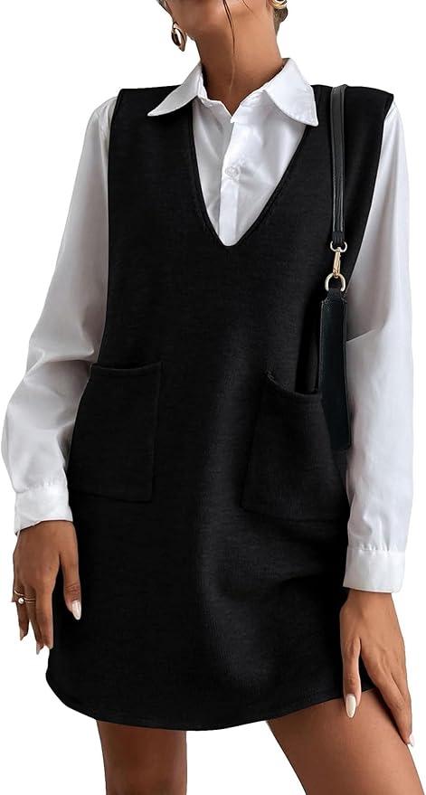 Women's Sleeveless Sweater Dress V Neck Knit Vest Dress with Pockets, S