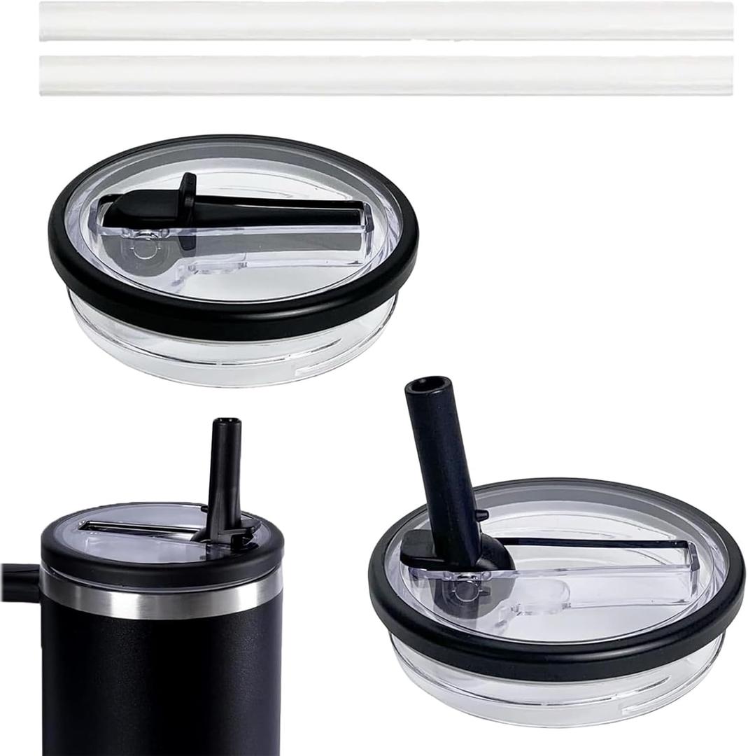 40 OZ Tumbler Flip Straw Lid Replacement Fit for Stanley Quencher Tumbler, 2 PCS Spill Proof and Leak Resistant Tumbler Lids Compatible with Stanley Cup Accessories(Black)