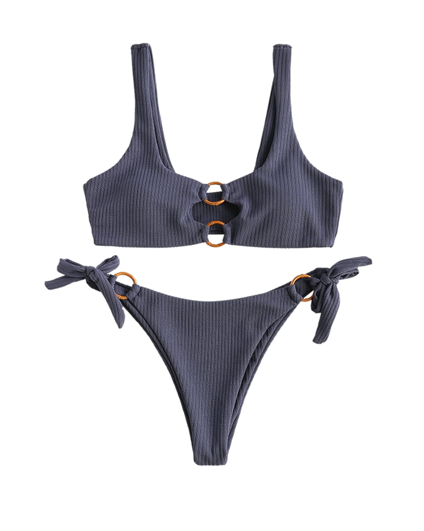 ZAFUL Women's Ribbed O-Ring String Bikini Swimsuit Cheeky Thong Swimwear Two Pieces Bathing Suit S
