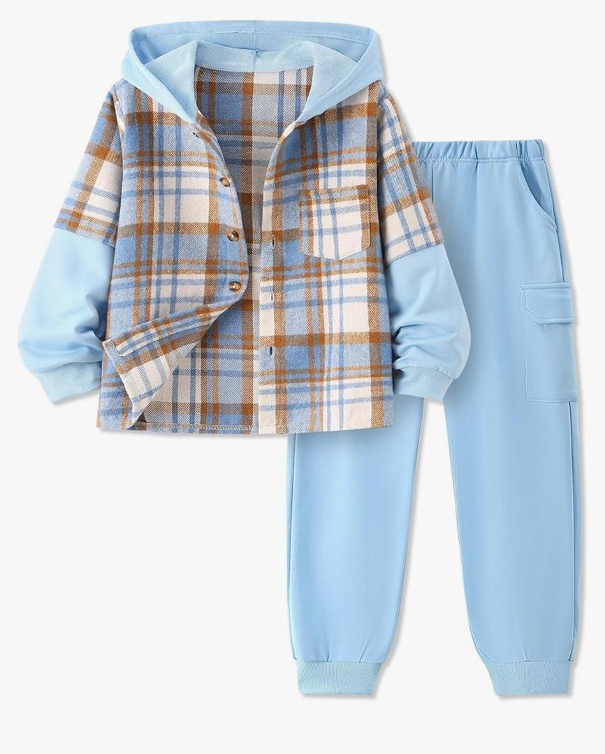 Boys Clothes Plaid Hooded Sweatshirt & Solid Colour Sweatpants With Pocket-2 Piece Sets,Fall Winter Boys Outfits, 9-10 Years