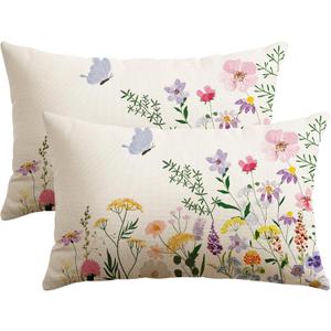 Artscope Spring Summer Floral Throw Pillow Covers 12x20 Inch Set of 2, Farmhouse Flower Butterfly Print Decorative Pillow Cases for Sofa Bed Room Home Decor- Flower B