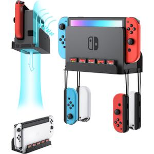 Wall Mount for Nintendo Switch and Switch OLED, Metal Wall Mount Kit Shelf Accessories with 5 Game Card Holders and 4 Joy Con Brackets, Safely Store Switch Console Near or Behind TV, Black