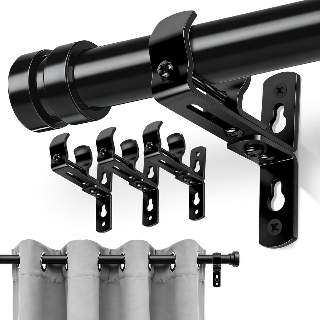 Curtain Rod Bracket, Curtain Rod Holders for Wall, Heavy Duty Ceiling Rods Hooks Hangers for 5/8" to 1 1/2" Dia Rods, Adjustable Black 4 Pack