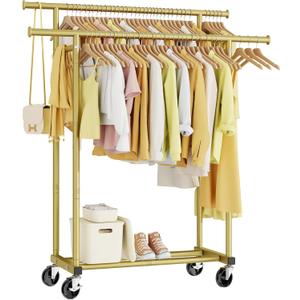 HYSEYY Double Rods Clothes Rack, Sturdy Rolling Clothing Rack, Portable Clothing Racks for Hanging Clothes - Metal Garment Rack Wardrobe Coat Rack for Bedroom Laundry Living Room, Gold