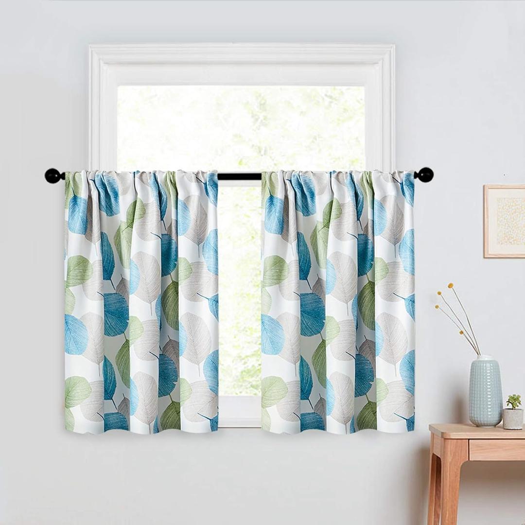 MRTREES Blackout Tier Curtain, Short Kitchen Tiers Cafe Curtains Rod Pocket, Leaves Printed Triple Weave Bathroom Small Window Panels Treatments Set for Basement/Bedroom(2 Panels, 34x36 Inches, Green)
