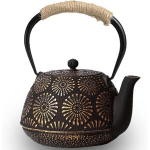 Japanese Tetsubin Cast Iron Teapot, 40oz (1200ml) Enamel-Coated Stovetop Kettle with Stainless Steel Infuser & Heat-Resistant Handle, Traditional Iron Pot for Tea Ceremony (Black Gold), Medium