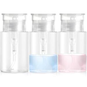 3 Pack Push Down Pump Dispenser with 6 Labels, Empty Push Top Bottles for Nail Polish, Makeup Remover, Micellar Water, Essence, Dish & Facial Toner, 2oz/60ml
