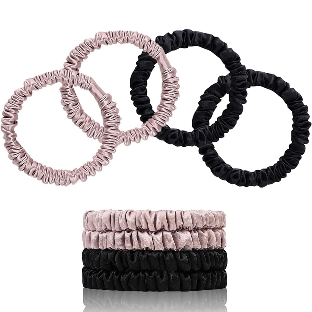 22 Momme Pure Mulberry Silk Scrunchies, Silk Hair Ties Elastics for Hair Sleep, Hair Care and No Damage, 4 PCS (Black*2+Lotus Pink*2)