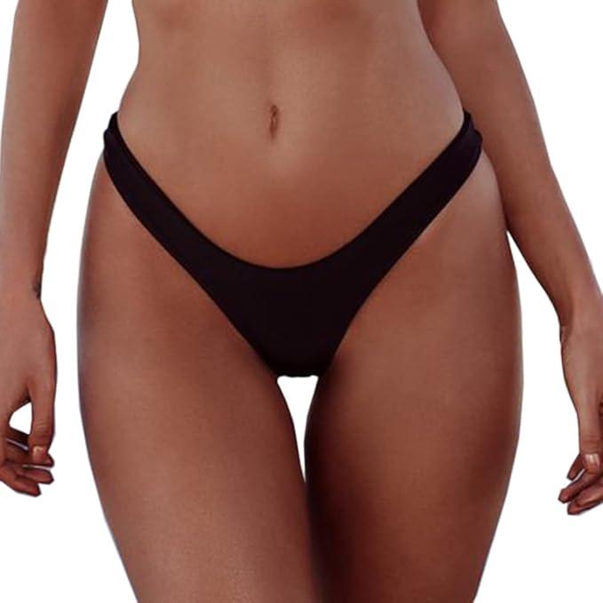 SherryDC Women's Sexy Cheeky Thong Brazilian Cut Low Rise High Leg Bikini Bottom (560-Black), Small