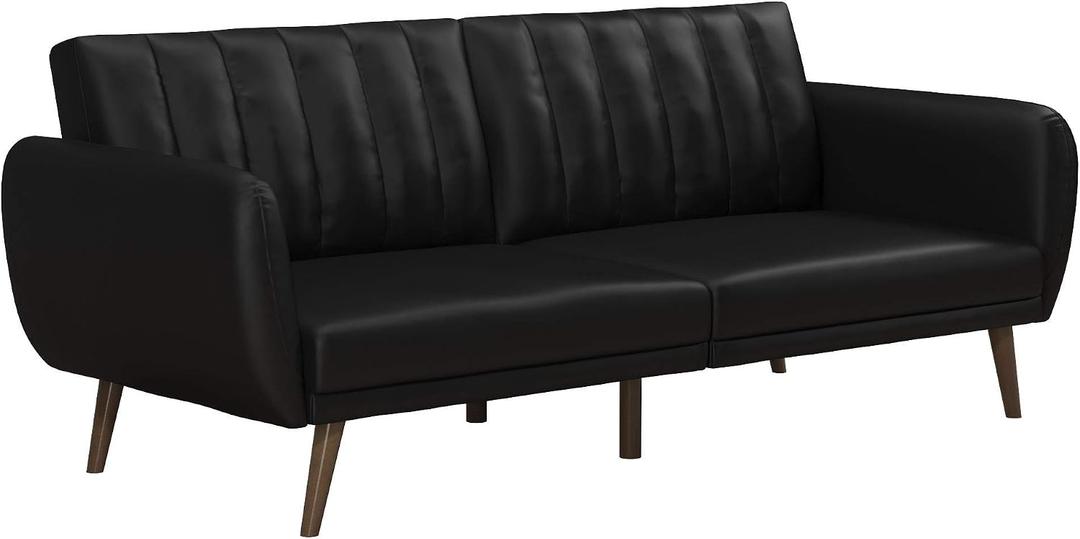 Novogratz Brittany 82 Inch Futon Sofa Bed in Faux Leather, Upholstered Couch Sleeper with Tufted Back, Mid-Century Modern Design, Black, Twin