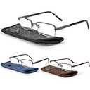 Madison Avenue 3 Pack Metal Half Frame Blue Light Blocking Reading Glasses for Men Spring Hinge +1.25