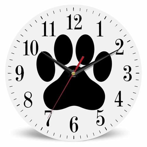 Mxocom Dog Paw Wall Clock Animal Puppy Black Cartoon Footprint 10 Inch Silent Non Ticking Battery Operated Clock Vintage Round Clock for Living Room Bedroom Bathroom Office Decor