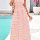 PRETTYGARDEN Women's 2026 Summer Spaghetti Strap Maxi Dresses Plaid Square Neck A Line Casual Beach Vacation Long Sundress (Pink, S)