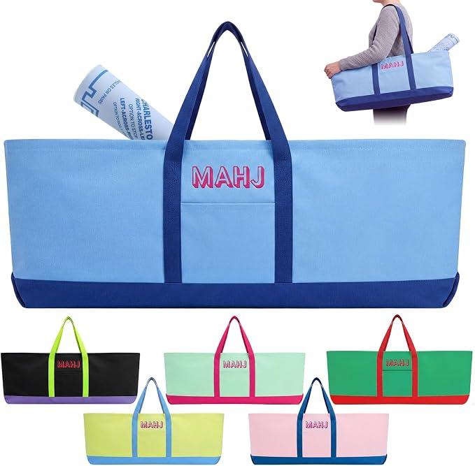 Sunnymove Mahjong Bag for Tiles and Racks Empty American Mahjong Tiles Carrying Tote 31.5 x 12 x 4 Inches Canvas Tile Games Accessories Gifts for Card Pushers Rack Mat Carrying, Case Only(Dark Blue)