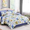 Luxudecor Floral Comforter Set Queen Size 7 Pieces Bed in a Bag, Blue Flower Watercolor Bed Set, Soft Comforter with Sheet Set 90"x90"