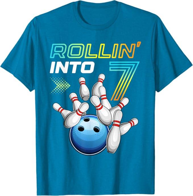 Rollin Into 7 Retro Bowling Birthday Party 7th Birthday T-Shirt, Small