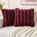 FUTEI Burgundy Decorative Throw Pillow Covers 18x18 Inch Set of 2, Square Soft Faux Rabbit Fur Thick Striped Cushion Cover,Spring Home Decor for Couch Bed Living Room