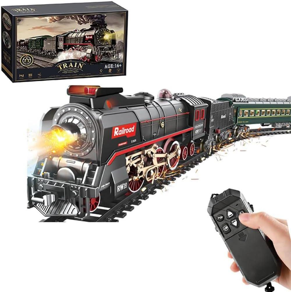 Christmas Electric Remote Control Train Set with Smoke, Lights, Sound, Locomotive Train Model with Track, Remote Carriage, USB Rechargeable, Gifts for Train Lovers (Black)