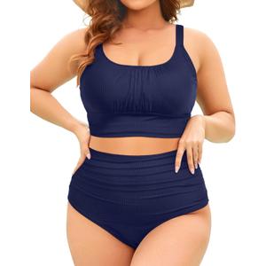Tempt Me Plus Size Two Piece Swimsuit - Women Ribbed High Waisted Bikini Sets Navy Blue Tummy Control Bathing Suits 2025 Swimwear 18W