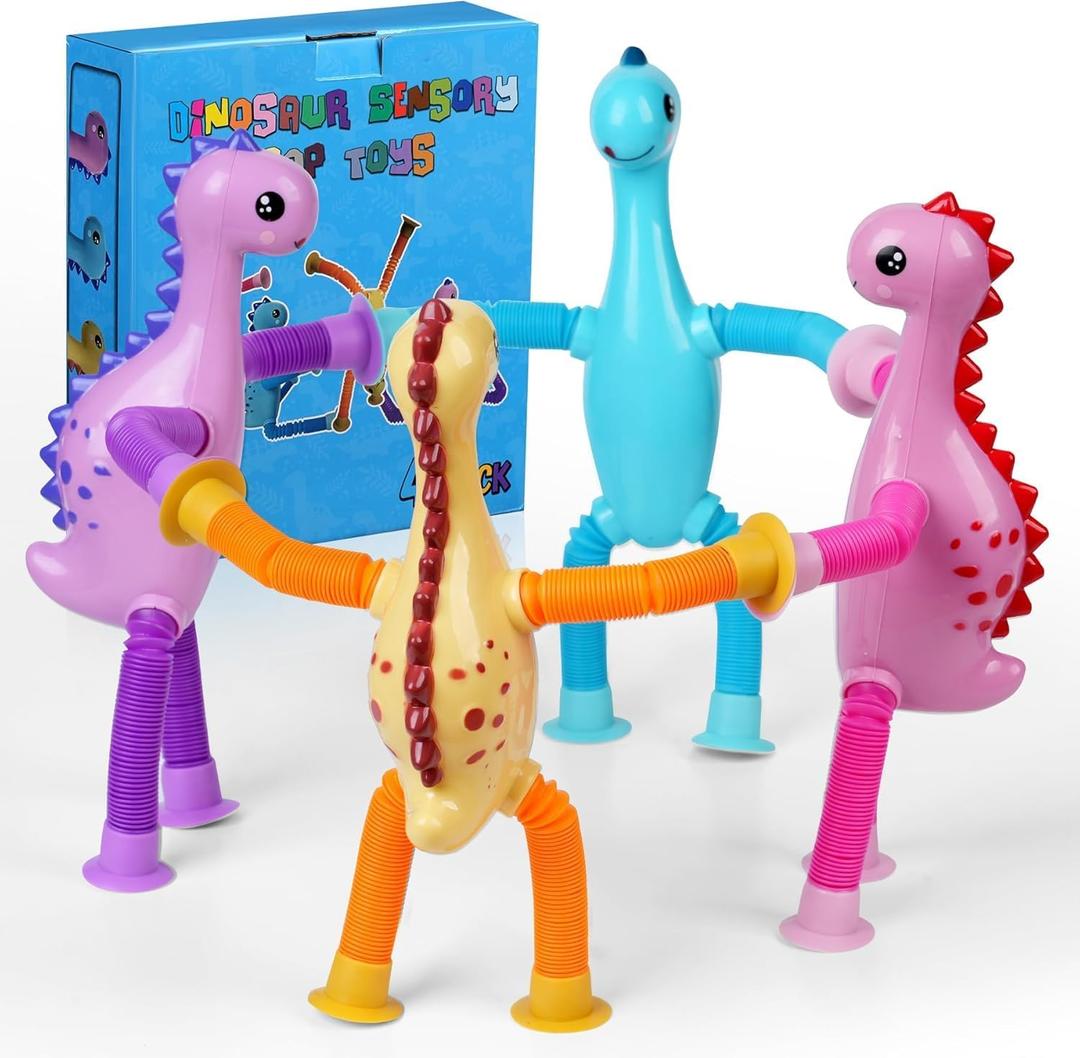 2 x 4PCS Dinosaur Pop Sensory Tube,Airplane Travel Toys for Toddlers Kid Boys Girls Year Old Ages 3+ ADHD Autism Plane Road Trip Activities Essential Suction Cup Pop Dino Fidget Toys Autistic Gifts
