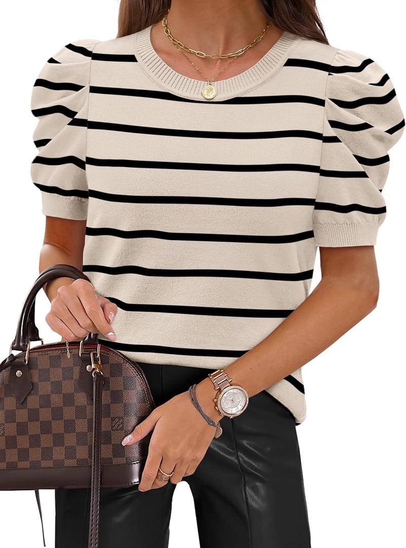 SAMPEEL Short Puff Sleeve Sweaters for Women Knit Tops 2026 Trendy Crewneck Striped T Shirts Casual Summer Blouses (Medium)