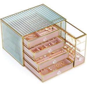 Youdepot Jewelry organizer box-Tempered Glass 5-Drawer jewelry boxes for women, Large Jewelry Boxes & Organizers With Velvet Necklaces Earring Organizer. (pink)