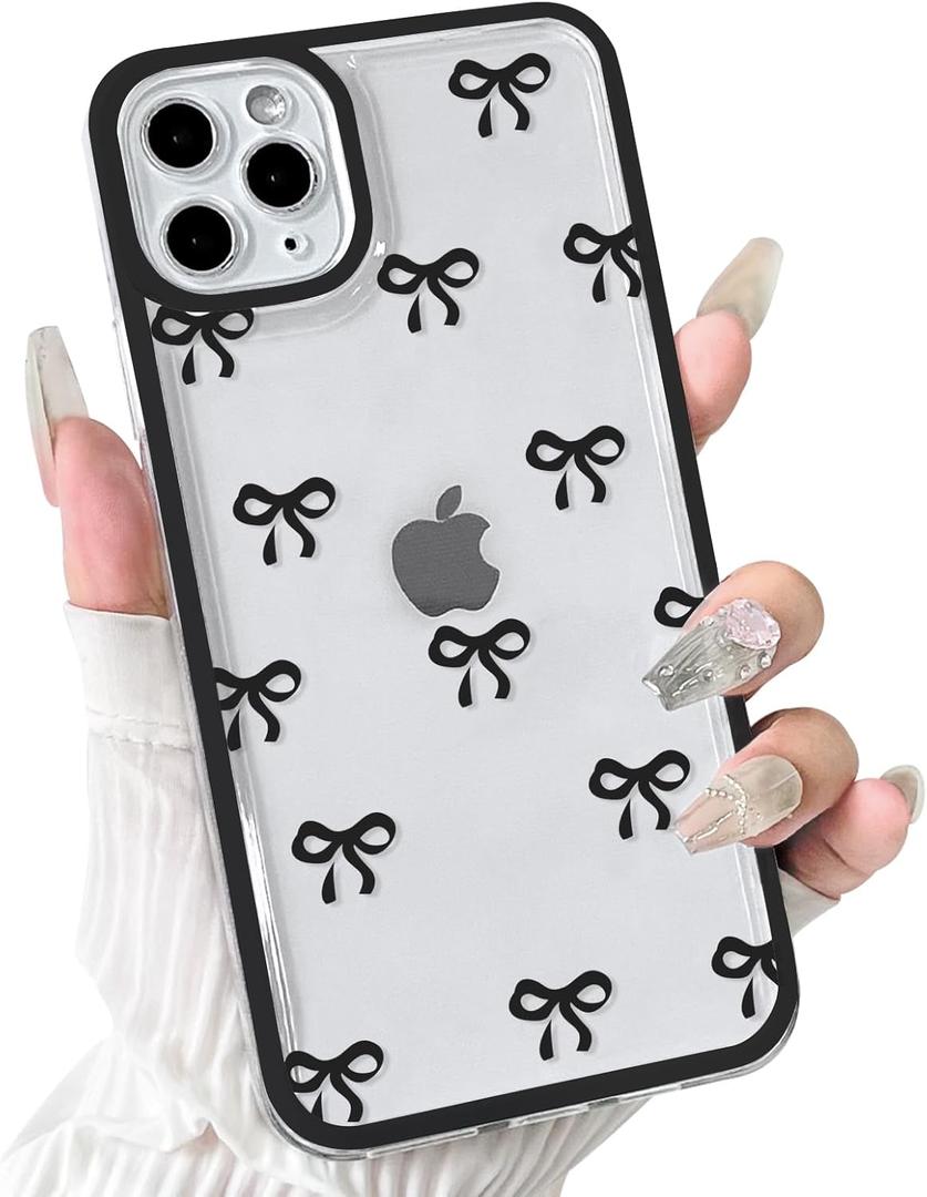 NITITOP Compatible with iPhone 11 Pro Max Case Cute Clear Durable Ribbon Bowknot Pattern for Girls Women Soft TPU Transparent Full Camera Lens Shockproof Protective Phone Cover - Black