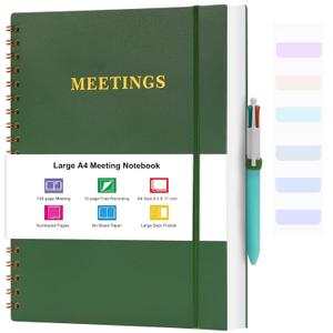 Meeting Notebook for Work, Notebooks for Work 8.5" x 11", Professional Meeting Notes Notebook for Women Men, Large Spiral Notebook with Numbered Page, Sticky Tabs, PVC Pockets for Organization, Green