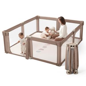 Baby Playpen Portable, Pre-Assembled Play Pen 71x79 Large Foldable Playpen for Babies and Toddlers, Sturdy and Safe Toddler Play Yard Indoor Outdoor with Carry Bag, Dark Khaki