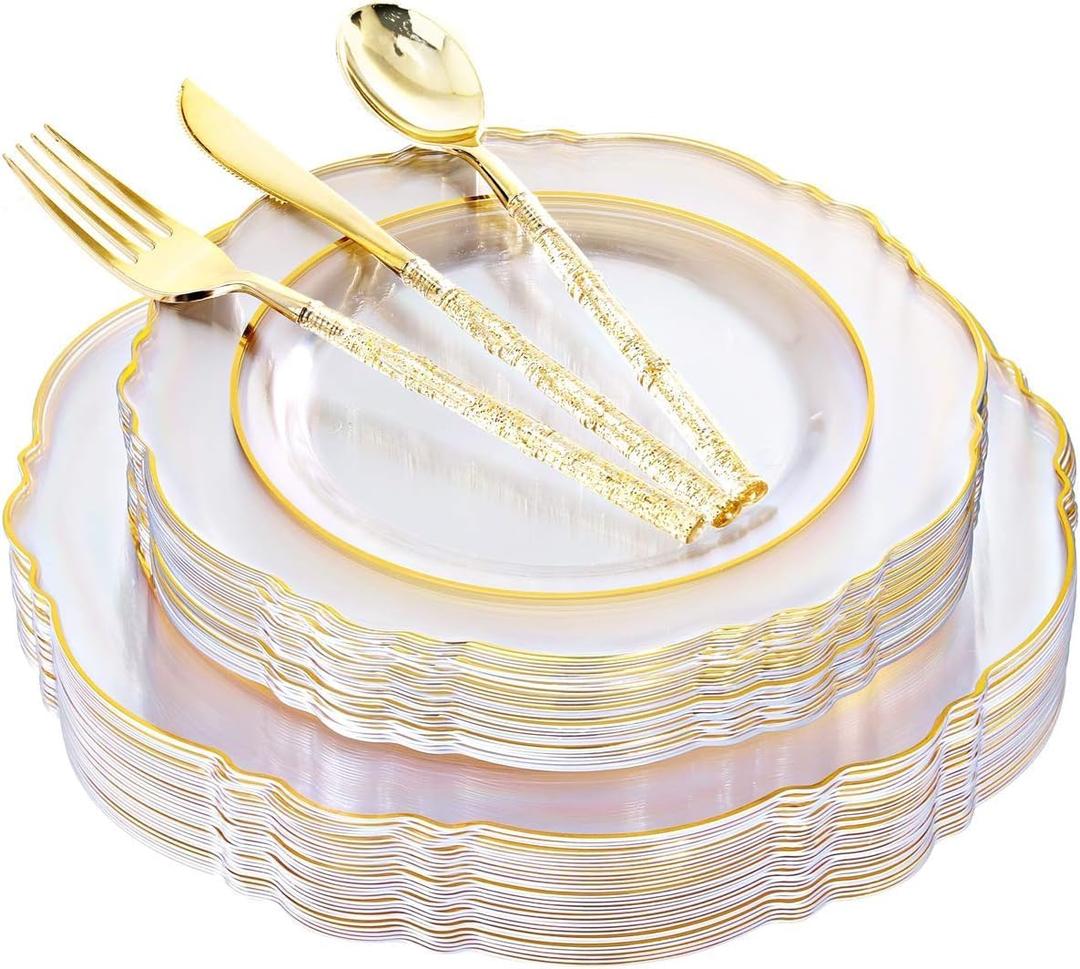 Liacere 150PCS Clear Gold Plastic Plates - Disposable Plastic Silverware with Glitter Bamboo Handle Cutlery-Baroque Clear Gold Disposable Plates for Wedding & Party & Easter Day & Mother's Day (Floral)