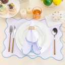 Cotton Linen Placemats and Napkins Set of 4 100% Pure Linen Scalloped Wavy Embroidery Placemats 13 x 19 Inch Cloth Napkins 20 x 20 Inch Layered Washable for Restaurant Kitchen Housewarming Gift