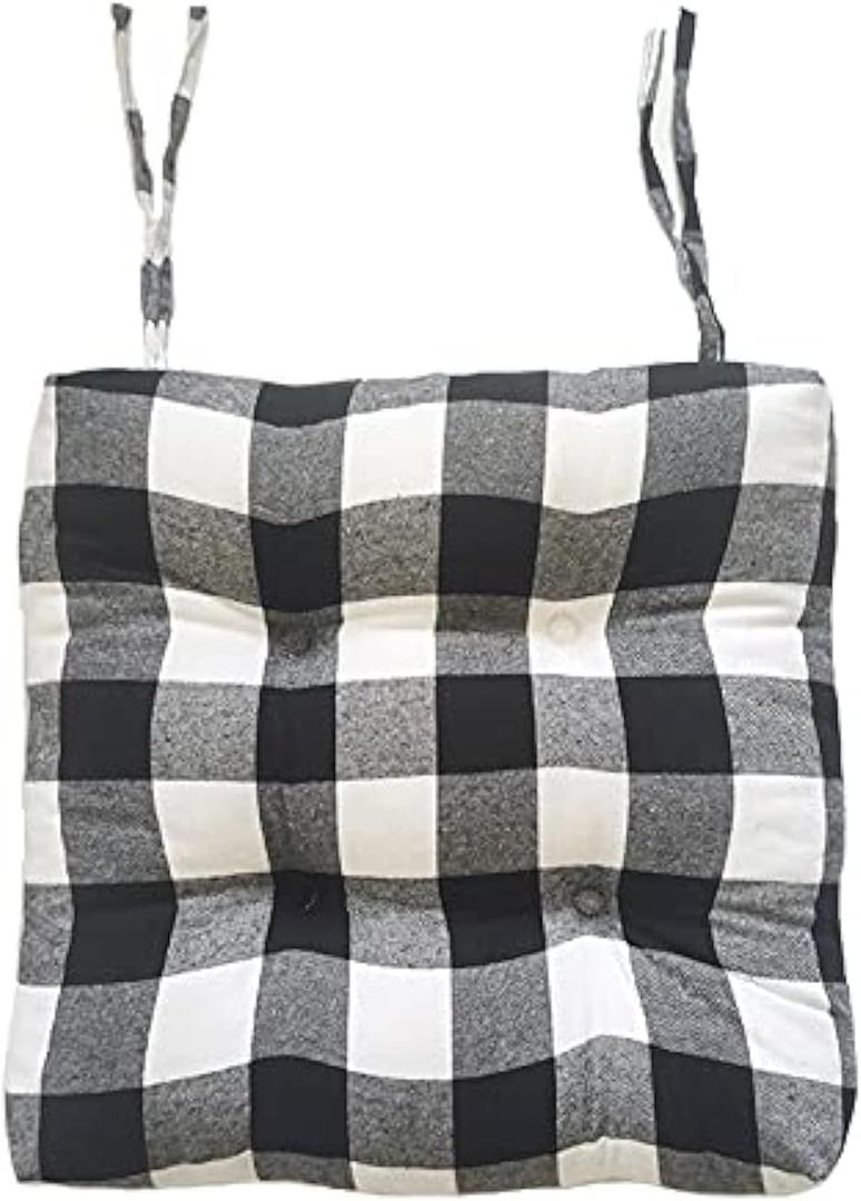 Buffalo Check 17" Square Chair Pad with Ties Non-Slip Soft Thick Chair Mat Black and White Plaid Square Comfy Cushion Pad for Office Kitchen Dining Room, Black Large Plaid