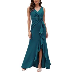 FQA Formal Evening Dresses for Women Elegant Evening Party Prom Dress Long Sexy V Neck Sleeveless Split Wrap (Large, Peacock Blue)