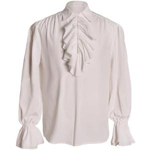 IWQBQ Men's Pirate Shirt Renaissance Victorian Blouse Medieval Vampire Top with Ruffled Collar, XL, White 