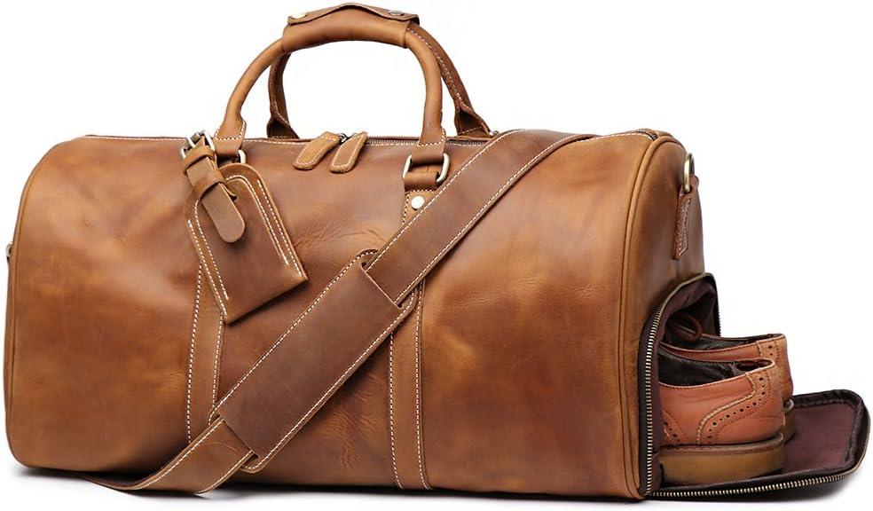 Leather Travel Luggage Bag with Ykk Zipper, Mens Duffle Retro Carry on Handbag (Brown)