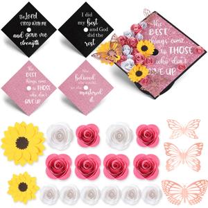 Gersoniel 34 Pcs DIY Graduation Cap Decorations Kit Included Artificial Flowers Inspirational Cardstock 3D Butterfly Alphabet Letter Stickers for 2026 Grad Party DIY Hat Grad Cap Topper(Pink)