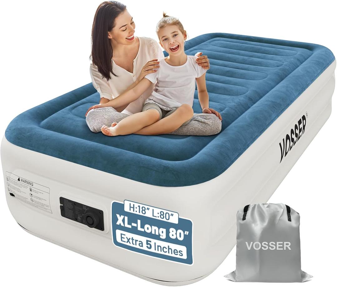 VOSSER Twin Air Mattress with Built-in Pump,Fast & Easy Inflation/Deflation Inflatable Mattress, Foldable Blow Up Mattress with Storage Bag, Inflatable Bed for Home, Camping & Guests (Blue)