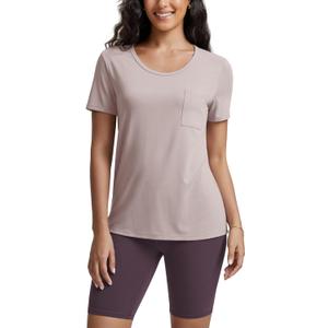 ODODOS Women's Short Sleeve T-Shirts with Pocket - Ultra Soft Relaxed Tee Casual Lounge Yoga Tops, Dusty Pink, X-Small