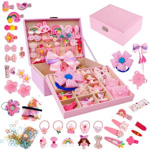 Hair Accessories Set with Jewelry Box - Hair Clips, Barrettes, Ties, Bows for Girls Ages 3-12