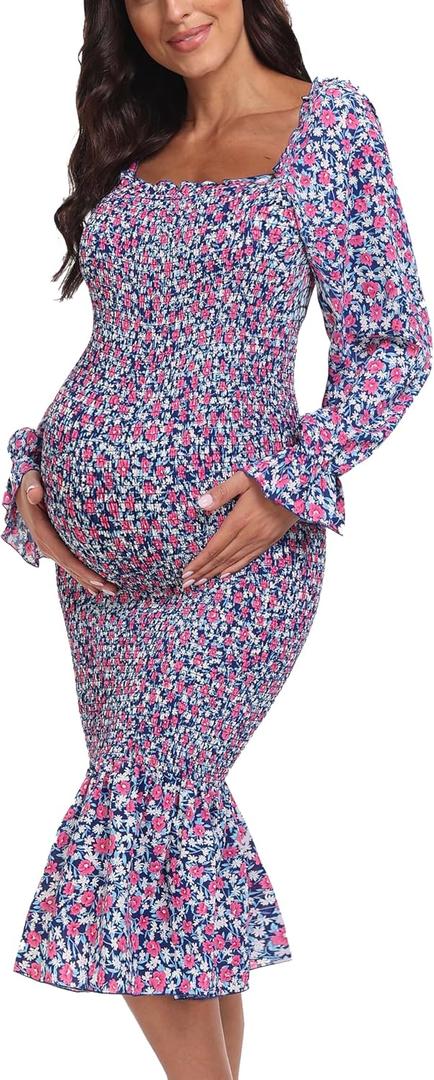 Spring Long Puff Sleeve Maternity Dress Floral Ruffle Hem Mermaid Baby Shower/Photoshoot Dress (M)