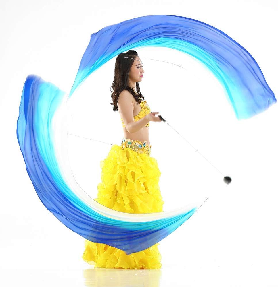 2Pcs Silk Veil + 2Pcs Poi Chain Ball Women Belly Dance Poi Streamer Throw Ball Stage Props (Gradual Blue)