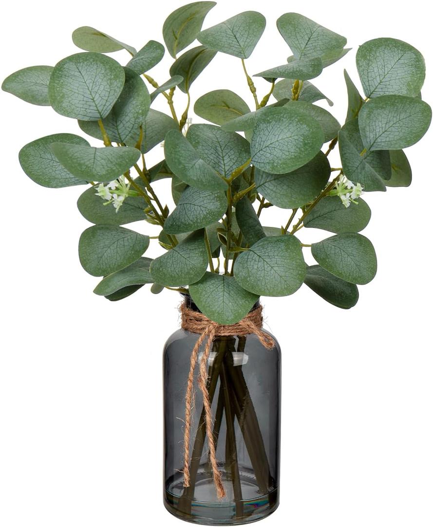 Briful Artificial Eucalyptus Stems in Black Glass Vase with Faux Water, 14" Fake Plant Eucalyptus Leaves for Home Office Farmhouse Wedding Centerpiece Dcor