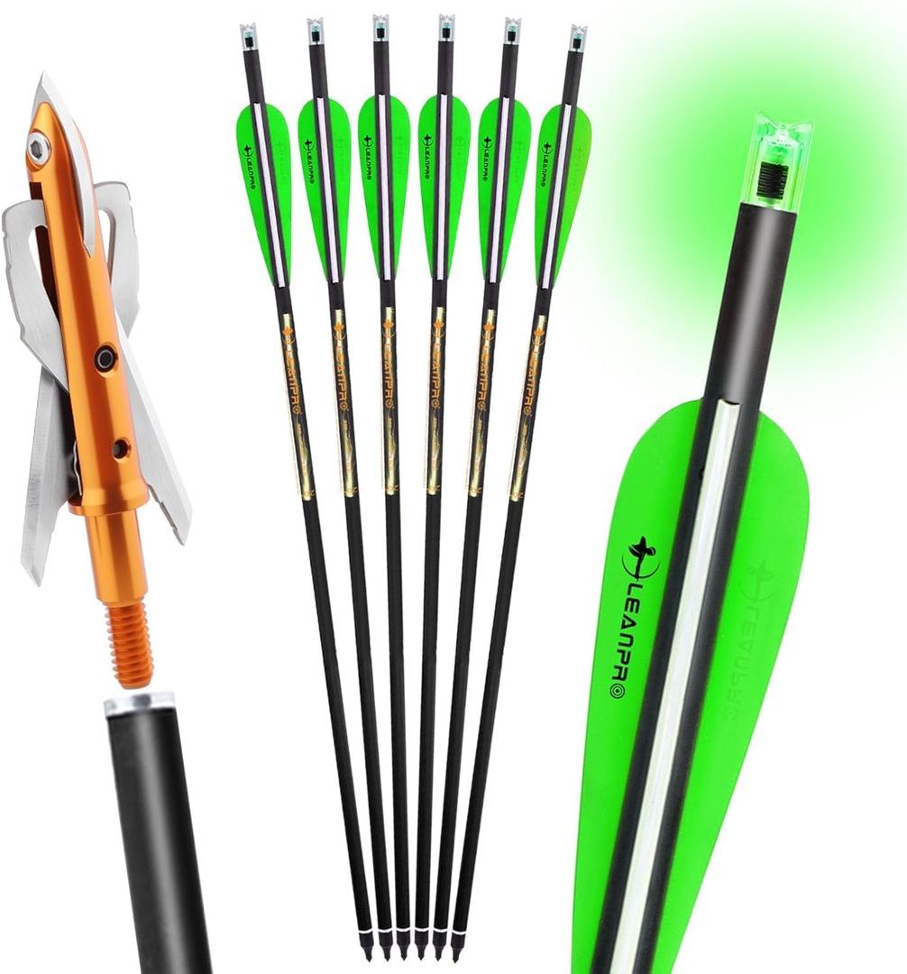 20 inch Crossbow Bolt Carbon Hunting Arrows with 100 Grain 2 Blade Mechanical Broadhead and 7.62mm Lighted Nocks