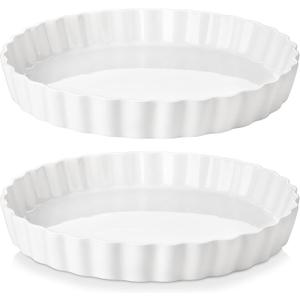 LOVECASA Porcelain Pie Pan Quiche Baking Dish,10 Inch Non-Stick Round Pie Dish Quiche Pan,Tart Pan with Ruffled Edge, Pie Plate for Apple, Quiche, Pot Pies, Tart, Set of 2, White