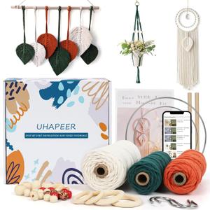 UHAPEER Macrame Kits for Adults Beginners, DIY Macrame Plant Hanger Kit and Macrame Supplies, with 3 mm Macrame Cord Cotton, Macrame Meads, Wooden Rings, Dream Catcher Rings, Craft Kits for Adults (Dark Green & Orange)