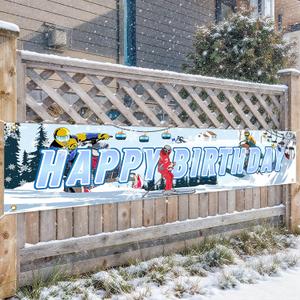 Skiing Happy Birthday Banner Skiing Party Yard Sign Decorations Skiing Yard Banner for Winter Sports Themed Birthday Party Supplies Snow Skier Themed Party Backdrop Photo Booth