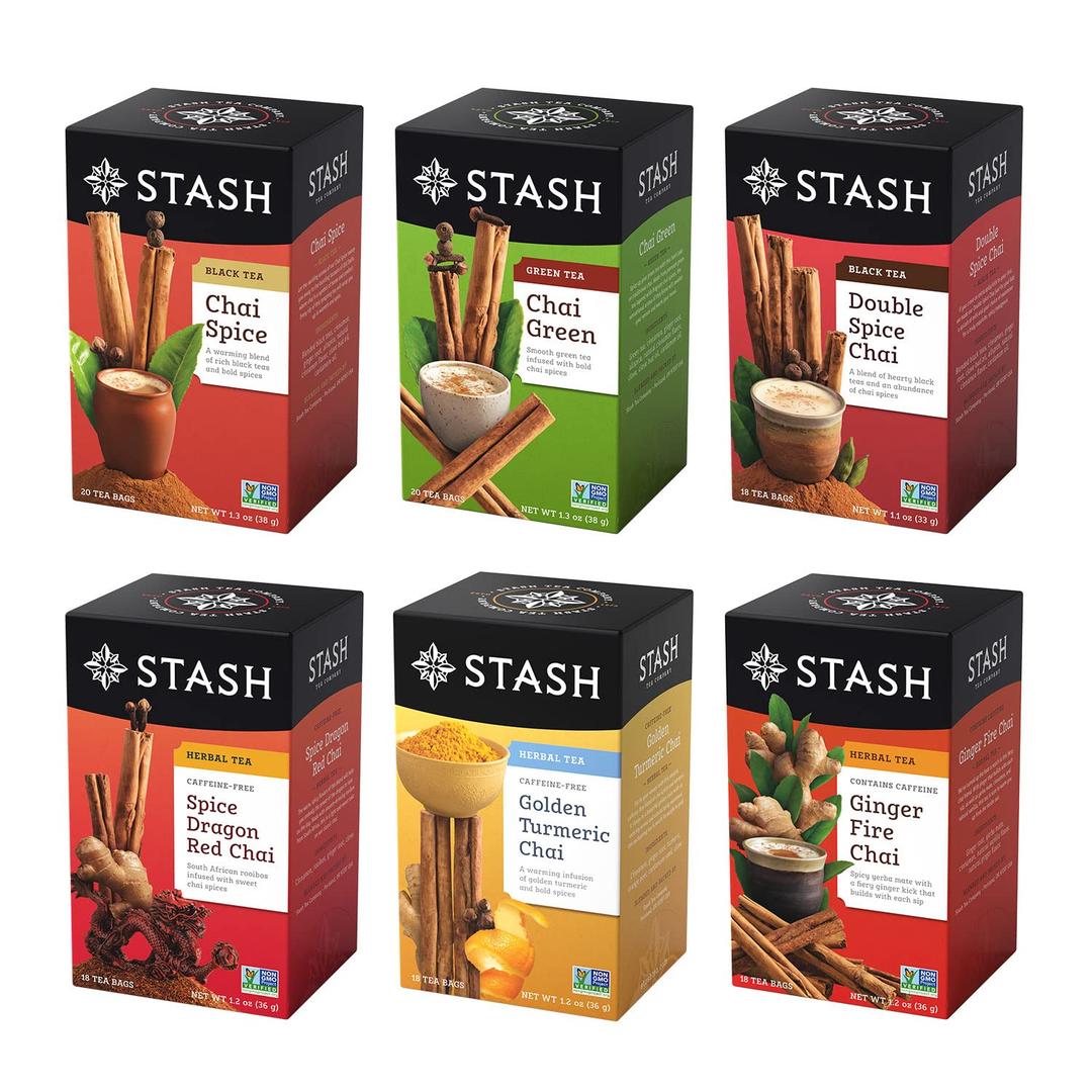 Stash Tea Chai Tea Variety Pack Sampler Assortment - Caffeinated, Non-GMO Project Verified Premium Tea with No Artificial Ingredients, 18-20 Count (Pack of 6) (EXP 10/04/28)
