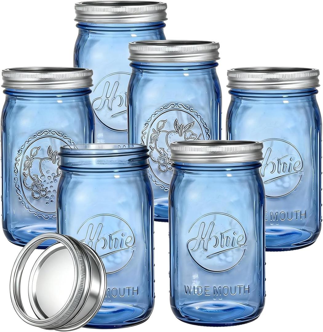 Tebery 6 Pack Vintage Blue Home Mason Jars with Airtight lids & Bands, 32Oz Wide Mouth Quart Glass Canning Jar for Fermenting, Pickling, Storage, DIY Crafts & Decor