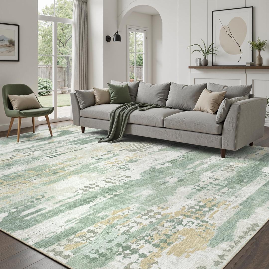 DCX Washable Abstract Area Rug 10x14, Non Slip Low Pile Rug, Sage Green | Easy to Clean, Non-Shedding, Soft, Kid & Pet Friendly, With a Non-Slip Rubber Backing for Living Rooms, Bedrooms, and Offices