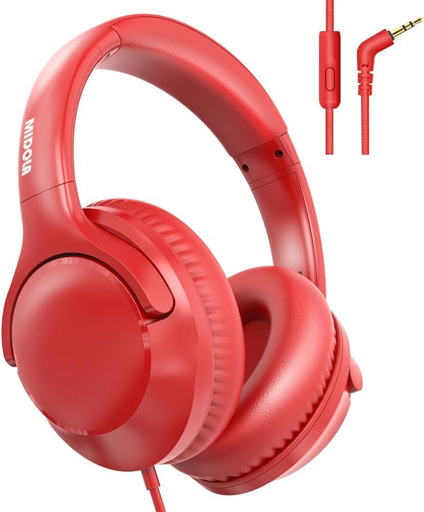 MIDOLA Wired Headphones Over-Ear Hi-Fi Sound with Microphone Adjustable Foldable, 1.5M Cord & 3.5mm Jack, Lightweight Headset for Kids Adults PC iPad Laptop Red